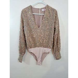 EUC Womens Buddy Love Sequined JENNY Bodysuit Rose Pink Small